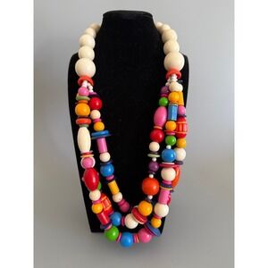 Colorful Chunky Wood Beaded Necklace 3 Strand 23" Carved Shapes Bold Statement
